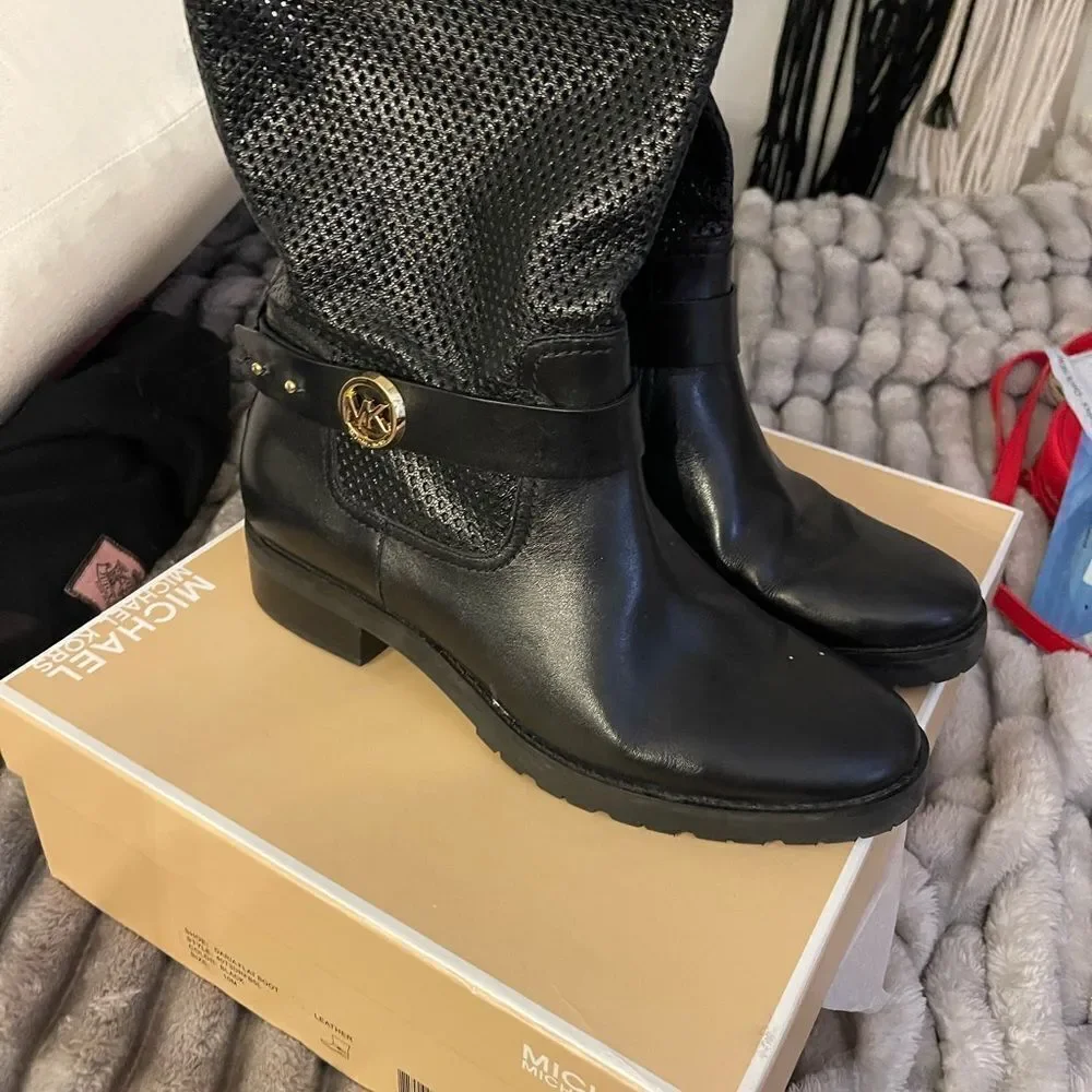 Womens MICHAEL Michael Kors Daria Flat Mid-Calf biker Boot black leather nib nwt